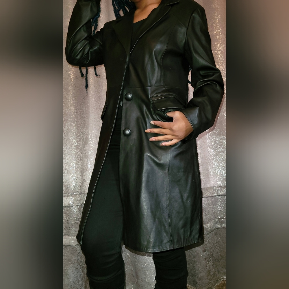 Black leather trench coat